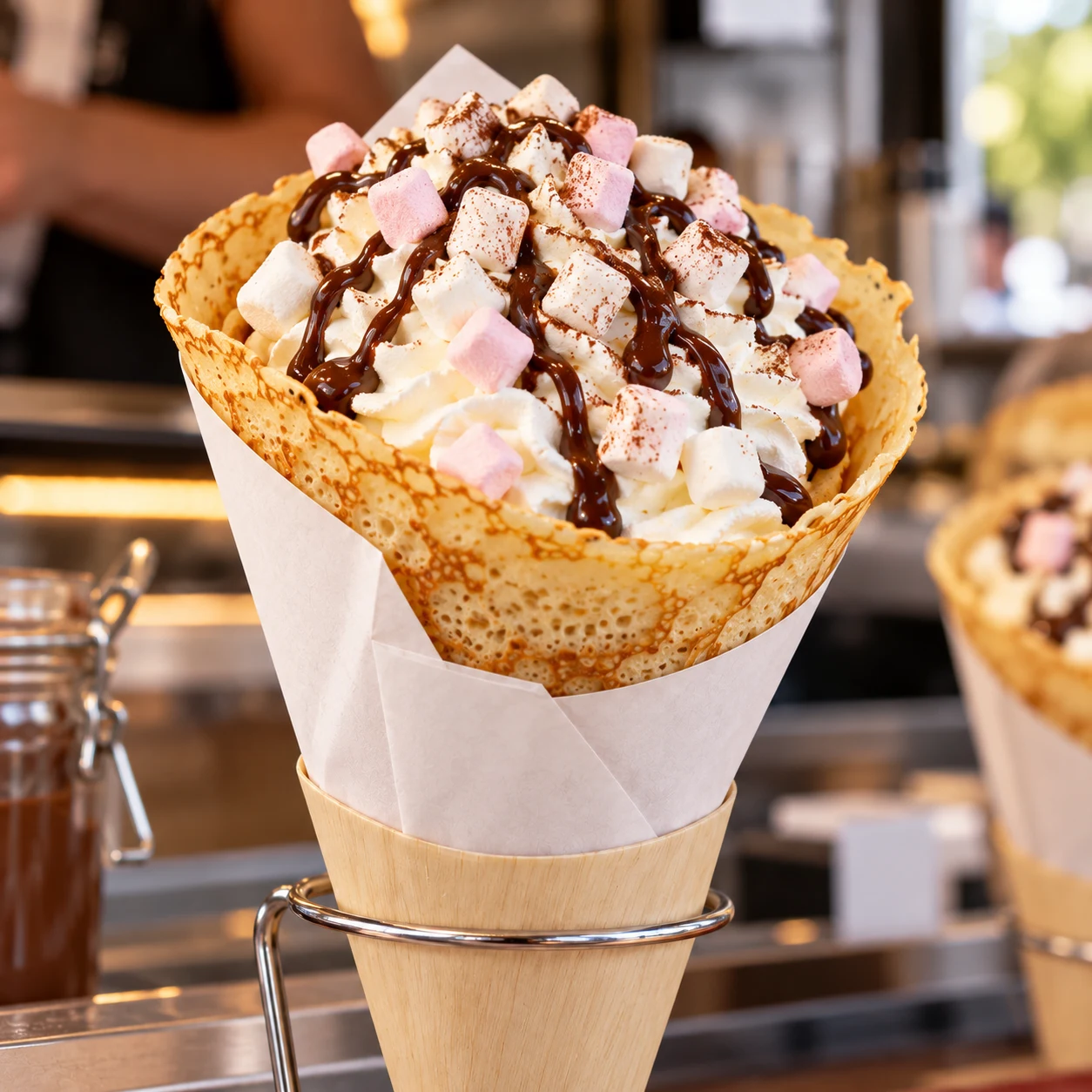 Crêpe en cône garnie de chantilly, chocolat et guimauves