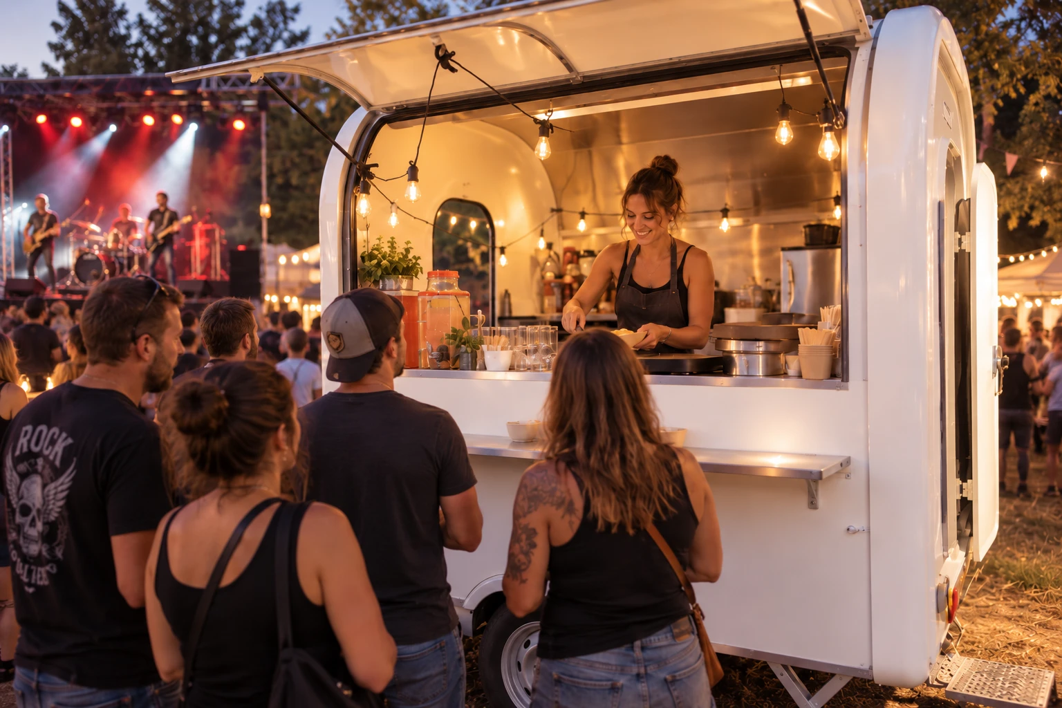 Service au comptoir d’une remorque blanche lors d’un festival de musique