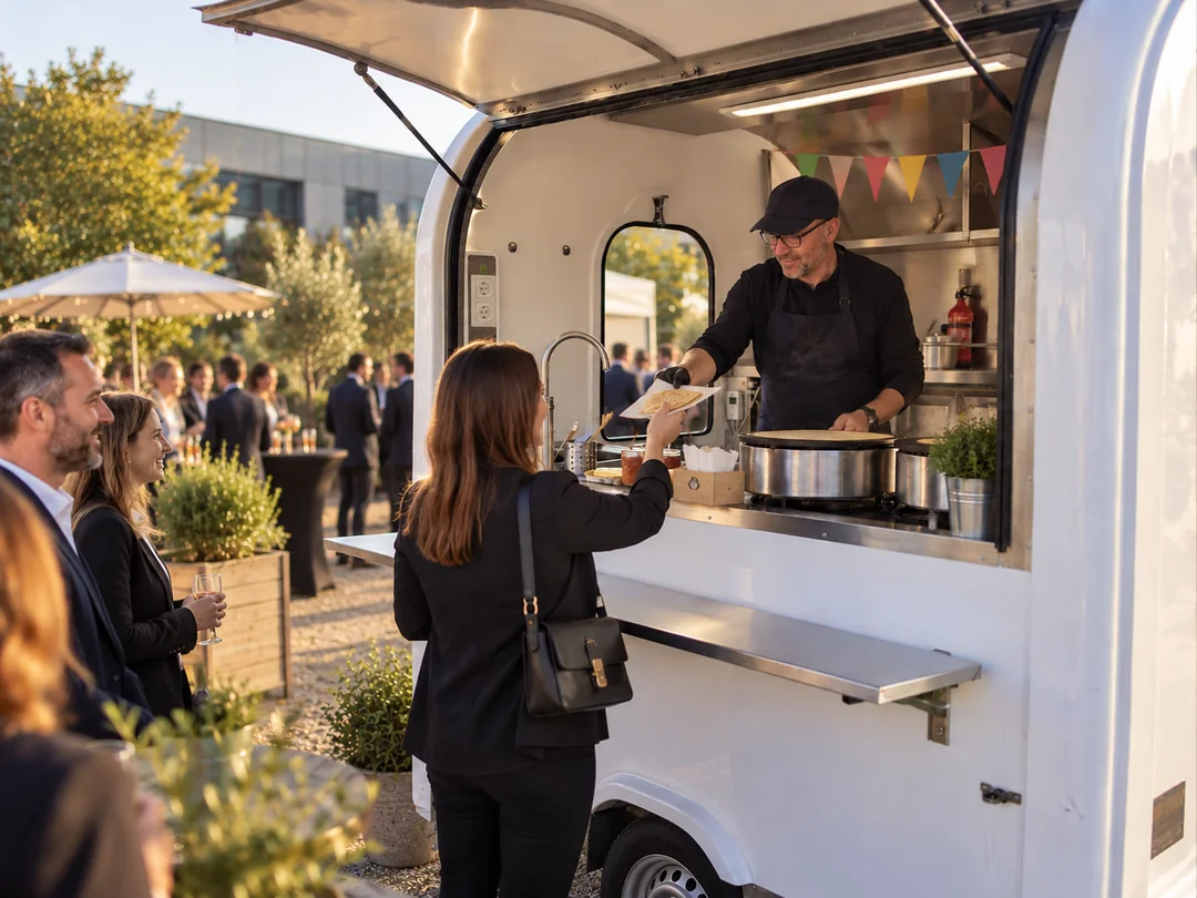 Service de crêpes au comptoir d’une remorque food-truck lors d’une réception en extérieur