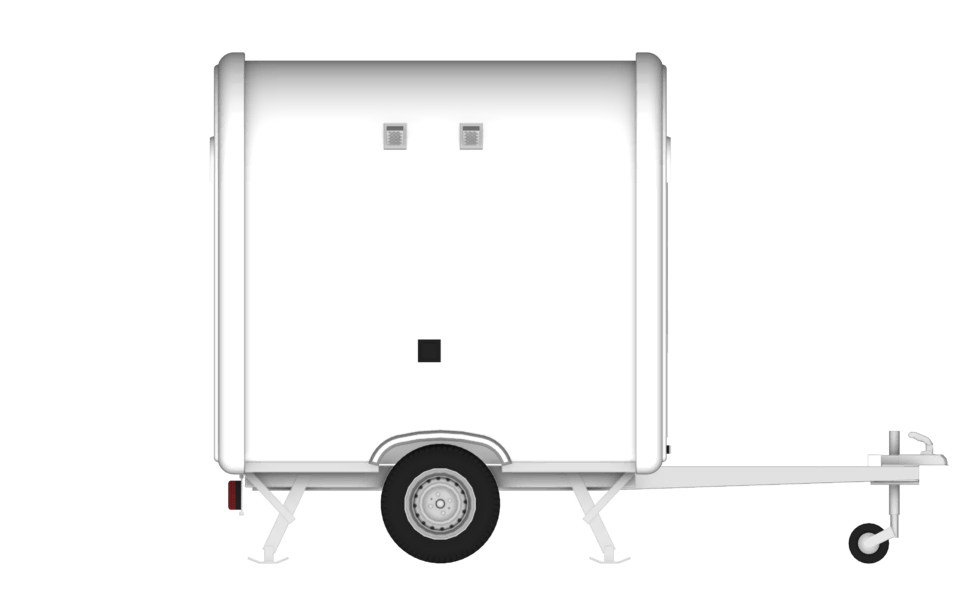 Dessin du côté fermé de la remorque blanche, avec sa roue, ses pieds de stabilisation et son timon